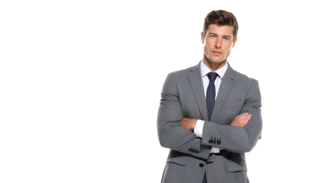 Confident businessman in a stylish suit with arms crossed isolated on transparent background