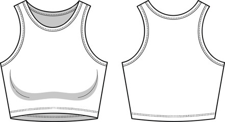 Crop top CAD drawing, flat vector illustration, sleeveless activewear design, technical fashion sketch, sportswear template, garment outline, clothing mockup, production-ready apparel file