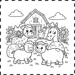 Cute cartoon farm animals and barn coloring page calf