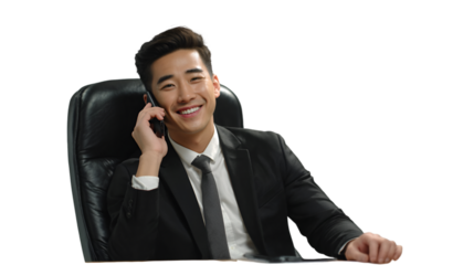 Smiling businessman talking on the phone in the office isolated on transparent background