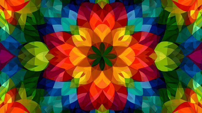 Digital art pattern of kaleidoscope symmetry using saturated rainbow palette 