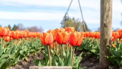 Vibrant orange tulips bloom in a field, showcasing a sunny spring day.