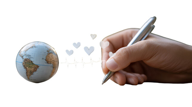 Hand writing with pen near globe and hearts isolated on transparent background