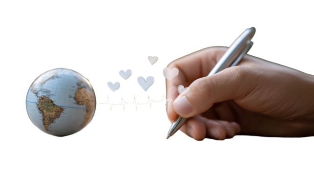 Hand writing with pen near globe and hearts isolated on transparent background