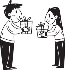Couple Giving Gift Vector – Friendship, Love, Relationship, Happy People, Holiday, Birthday, Gift Exchange, Cartoon, Character, Illustration, Romantic, Celebration, Together, Cute Drawing, Mascot, Kaw