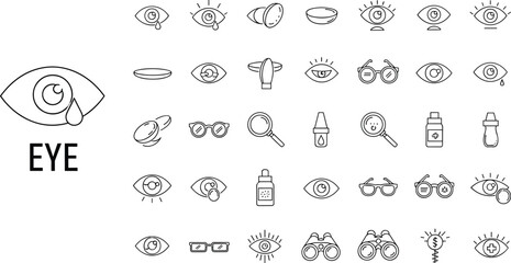 Eye and vision icon set featuring eyes, glasses, magnifiers, and care symbols for optical, medical, and personal health design projects