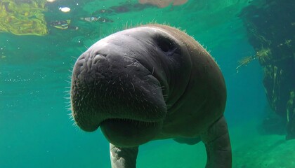 A close-up view of a manatee swimming underwater in a clear, vibrant green aquatic environment.
