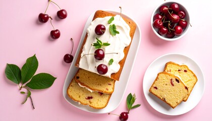 Delectable cherry cake with creamy frosting and fresh cherries on a pink background