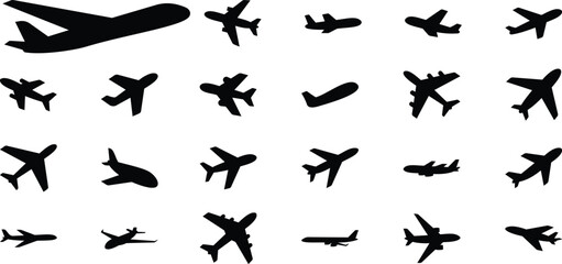 Airplane silhouettes collection various poses, Black aircraft vector design set