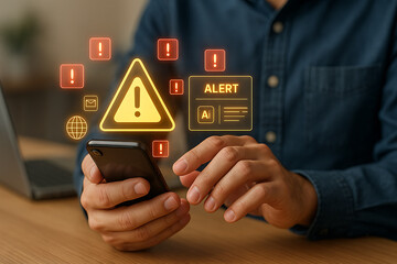 Mobile warning alert with cybersecurity risk notification, digital data breach prevention, fraud detection, and smartphone safety