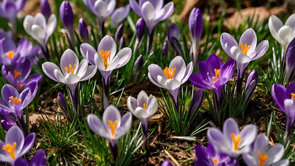 Welcome Spring with Blooming Crocus Flowers: Purple and White Petals with Vibrant Orange Stamens Emerge from Grass and Soil in a Natural Setting, Symbolizing Seasonal Renewal, 8K image 