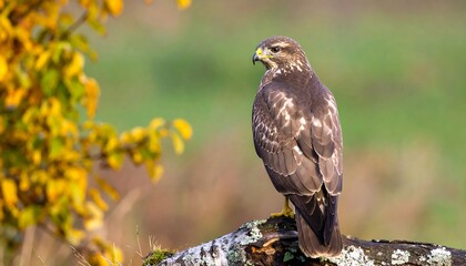 A beautiful Eurasian hobby perched on a weathered branch, showcasing autumnal foliage in the background.
