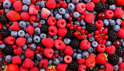 A vibrant assortment of fresh berries, showcasing a mix of red raspberries, blueberries, blackberries, and red currants.