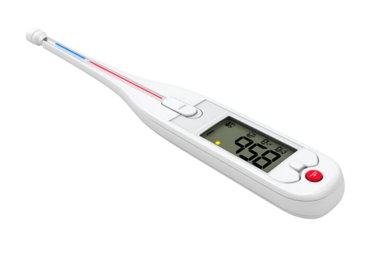 Digital medical thermometer displaying temperature isolated on transparent background