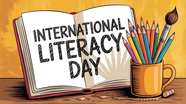 International literacy day text on an open book with a mug of pencils and a brush, promoting education and knowledge