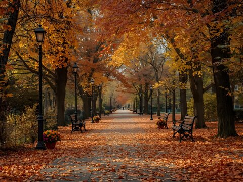 autumn park pathway lined with vintage street lamps and wooden benches, covered in golden and red fallen leaves. ., autumn in the park, Enchanting autumn pathway lined with golden trees
