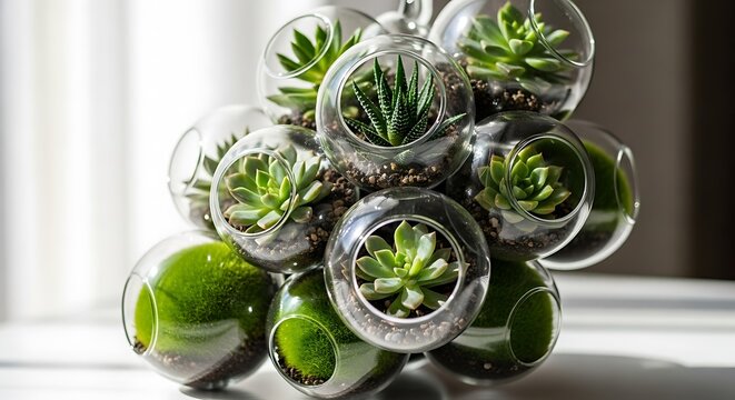 A collection of miniature succulent gardens arranged in hanging glass sphere terrariums, creating a unique piece of living botanical art for modern home decor