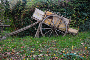 An old, weathered wooden farm cart with large spoked wheels, abandoned in a meadow in autumn, Italy