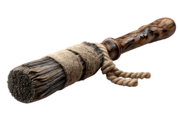 A realistic, detailed photograph of a rustic wooden broomstick, isolated on a transparent background, perfect for magical or halloween themes