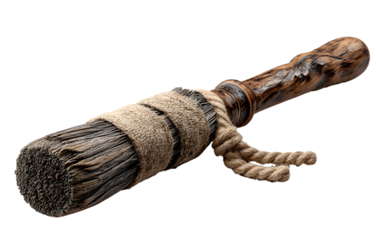 A realistic, detailed photograph of a rustic wooden broomstick, isolated on a transparent background, perfect for magical or halloween themes