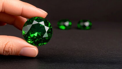 A vibrant emerald-cut gemstone rests delicately in a hand, showcasing its rich green hues against a dark backdrop.