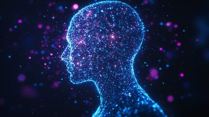 Abstract glowing human head silhouette formed by blue and purple neural network connections, futuristic visualization of artificial intelligence, machine learning and digital brain concept