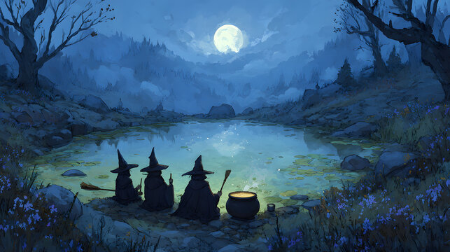 Enchanted scene of three witches brewing potions by a mystical pond under a moonlit sky
