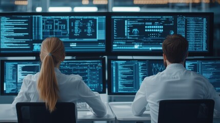 Two professionals monitor data on multiple screens in a high-tech environment, showcasing technology and teamwork in a modern workspace.