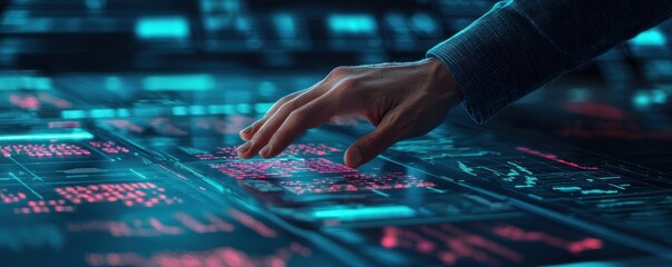 A hand interacts with a futuristic digital interface, featuring vibrant blue and pink graphics, symbolizing advanced technology and data manipulation.