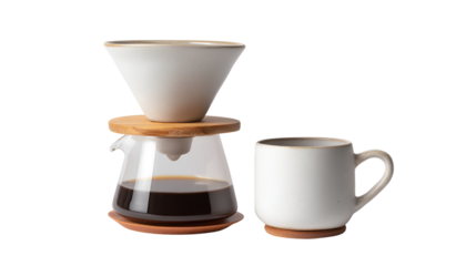 Pour over coffee maker and mug isolated on transparent background