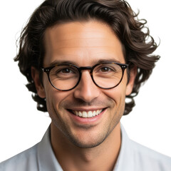 Fototapeta premium Happy man with glasses smiling confidently facing forward professional portrait transparent background