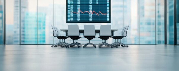 A modern, sleek conference room featuring a long table, ergonomic chairs, and a digital display with financial data and city views.