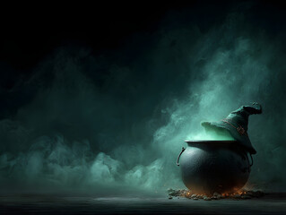 Halloween cauldron with green smoke and witch hat image