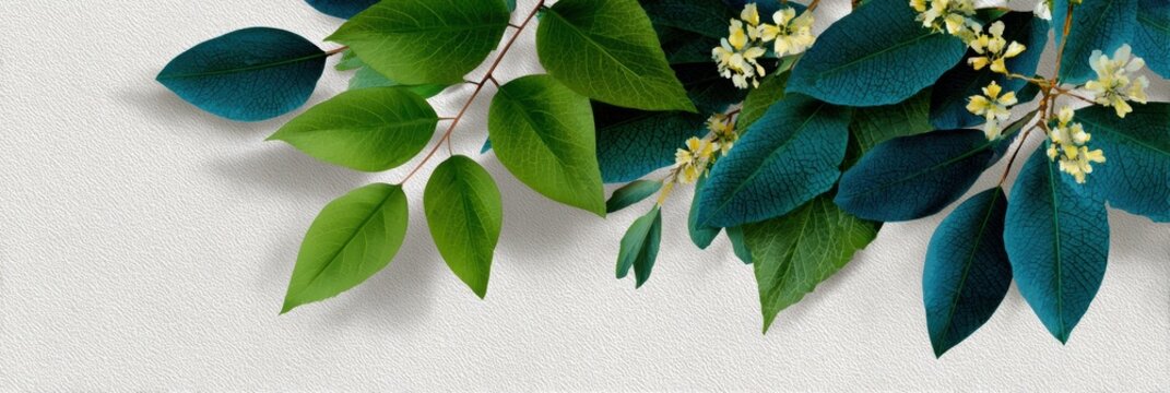 botanical website banner, delicate watercolor leaf illustrations with botanical motifs on the top and bottom edges, cream pastel background, elegant design, central strip ready for website title or