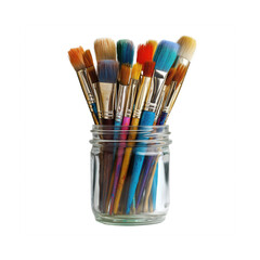 Fototapeta premium Stack of Color Artist Paint Brushes in Glass Jar Isolated on Transparent Background, Creative Art Tools for Painting, Design, and Craft Supplies