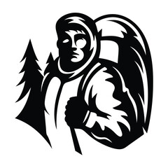 Obraz premium Black and White Silhouette of a Hiker with Backpack in the Woods