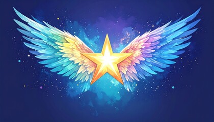A radiant gold star, adorned with vibrant rainbow wings, shines brightly against a celestial night sky.