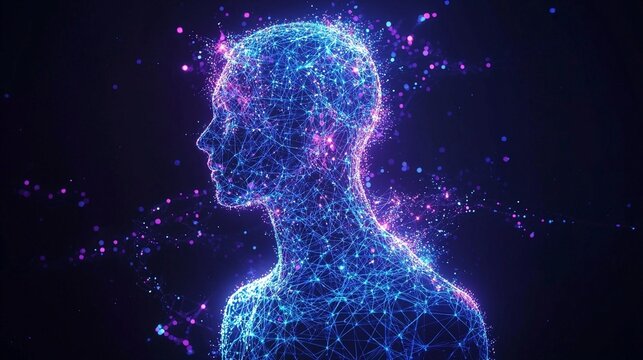 Abstract glowing human head silhouette formed by blue and purple neural network connections, futuristic visualization of artificial intelligence, machine learning and digital brain concept