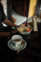 Breakfast menu with coffee and healthy vegetable salad