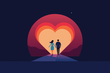 A couple walking towards a heart shaped opening in the night sky, symbolizing love, romance, and a bright future together, perfect for valentines day