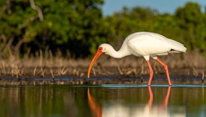 Obraz premium A graceful white ibis meticulously wades through tranquil shallows, its vibrant orange bill reflecting in the glassy water.