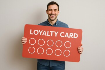 Happy man displaying a large loyalty card adorned with empty stamps, eagerly anticipating the rewards to come