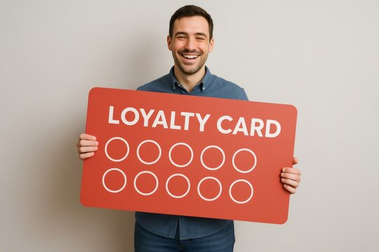 Happy man displaying a large loyalty card adorned with empty stamps, eagerly anticipating the rewards to come