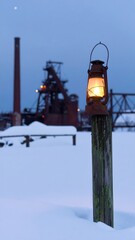Winter scene with lantern and factory