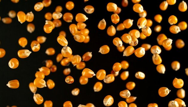 Popcorn kernels, a vibrant display of golden-yellow grains, suspended in mid-air against a dark background, exhibiting a dynamic and captivating motion.