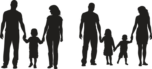 Parents walking with their children silhouette vector set. children, different poses and interactions, walking and holding hands, isolated on white background