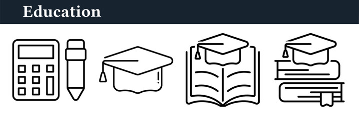 Education icon set featuring book, graduation cap, diploma, and learning symbols. Vector outline style illustration, perfect for university, college, student, classroom, and training concepts