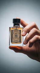 Hand holding elegant perfume bottle with ornate design on blue-gray background