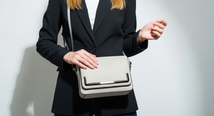Fashionable young caucasian woman with blonde hair holding stylish handbag in business attire