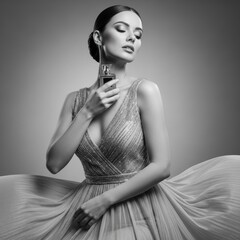 Elegance in fragrance: young caucasian female applying perfume in graceful pose